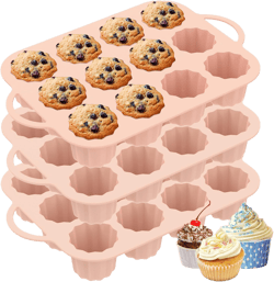 3Pcs Silicone Muffin Pan 12-Cavity Muffin Baking Moldt Silicone Baking Tray Non-Stick Muffin Baking Tray Cupcake Baking Tin Silicone Cupcake Pan for Home Baking (Pink)
