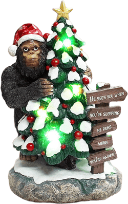 Whimsical Bigfoot Behind Christmas Tree Figurine, 7.5" Funny Holiday Yeti LED Statue, He Sees You When You're Sleeping| OrnamentallyYou