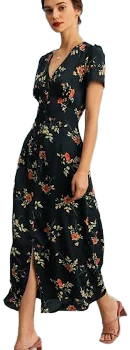 Rihoas Floral Button-Front Midi Dress with V-Neck & Side Slit