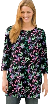 Woman Within Plus Size Perfect Printed Three-Quarter-Sleeve Scoopneck Tunic