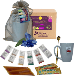Tea Honey And Cookies Lovers Gift Basket Set Care Package For Women, Men, Family and Friends, Get Well Soon, 12 Teabags Assortment 6 Flavors, 2 Packs Shortbread Cookies, 12 Honey Straw With 14oz Mug