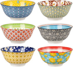 Porcelain Soup Cereal Bowls Set - Ceramic Bowls for Kitchen 23 oz - 6 Colorful Patterned Cute Bowl Sets - 6 Inch Deep Bowls for Oatmeal | Oat | Noodle | Breakfast - Dishwasher and Microwave Safe 6 colors 6 inch