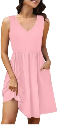 Women's Round Neck Sleeveless Pleated Midi Dress with Pockets