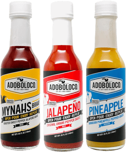 Adoboloco Hot Sauce - Mild to Hot - 3-Pack 5oz Bottles (Mild-Medium 3 Pack) Variety Set Featuring - Jalapeno, MYNAHS BRAH and Pineapple Mild-Medium 3 Pack 5 Fl Oz (Set of 3)
