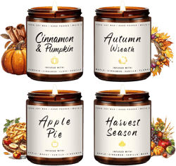 Fall Candles | 4 Pack Scented Candles, Soy Wax Candle Gifts for Women Men, Autumn Candle Home Scented, Fall Gift for Home Decor - Apple Pie/Cinnamon/Harvest/Wreath