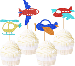 Ercadio 24 Pack Airplane Cupcake Toppers - Blue Glitter Aircraft Cupcake Picks Plane Cake Toppers for Airplane Theme Party Birthday Cake Decoration Supplies C-blue Red-1