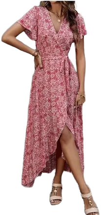 Floral V Neck Short Sleeve Maxi Wrap Dress