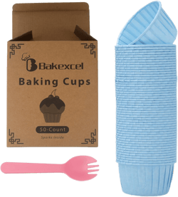 Standard Greaseproof Blue Baking Cups 50-Pack with 50 Sporks, Bakexcel Premium Cupcake Liners, 3.5oz Perfect for Muffins, Cupcakes, and Desserts