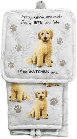 Goldendoodle 3-Piece Kitchen Set - Oven Mitt, Pot Holder & Kitchen Towel Set, Heat Resistant up to 420 F, Soft Quilted Cotton for Cooking, Baking, BBQ, Pet Lover Gifts (Goldendoodle)