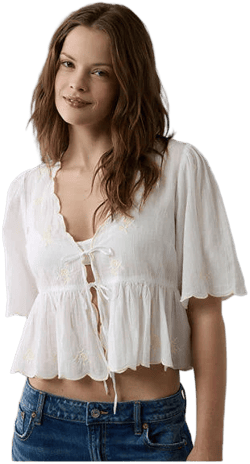 AE Women's Embroidered Tie Front V-Neck Blouse
