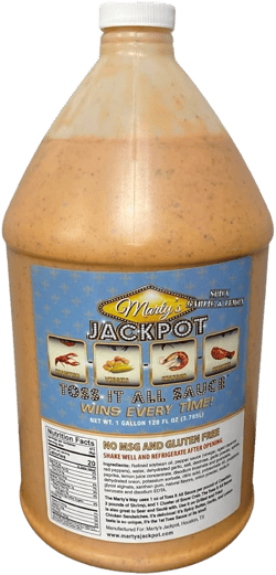 Marty’s Jackpot Spicy Garlic & Lemon Toss It All Sauce - Delicious Flavor, First Ever toss sauce brought to the market for Crawfish, Veggies, Seafood and Cajun style wings! It's Spicy, Buttery, Garlicky and Lemony! 1 Gallon Jug