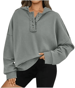 Women's Plus Size Hooded V Neck Button Down Sweatshirt