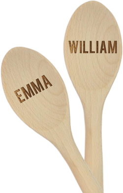 Andaz Press Personalized Laser Engraved Wooden Mixing Spoon, 12-inch, Bold Names, 2-Pack, Custom Bride and Groom Names Custom Wedding Bold Names