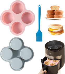 Reusable Silicone Air Fryer Egg Mold, Non-Stick Air Fryer Baking Pan, Silicone Muffin Pans for Baking, Hamburger Bun Pan, Air Fryer Accessories, 4 Cavity 2 Pcs egg molds,6.5inch