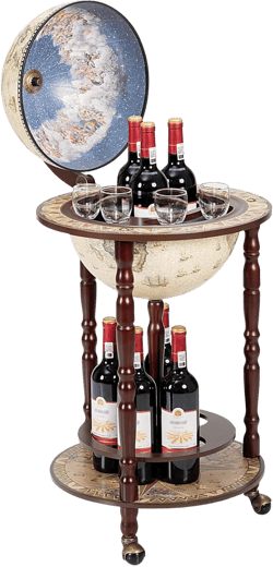 HAPPYGRILL Globe Bar, 17.5” Wine Bar Stand Italian Wooden Globe Wine Cart Liquor Bottle Shelf, 16th Century Retro Wine Cupboard with Wheels for Dining Room Living Room, Creamy White