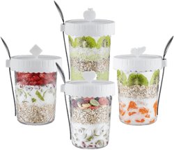 4 Pack Glass Yogurt Parfait Jars with Lids and Spoons, 100% Leak Proof Mason Jars, 20 oz Meal Prep Containers Reusable, Glass Jars for Overnight OatsYogurtSoupSnackParfait - White