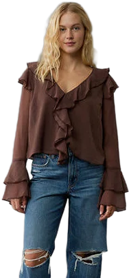 AE Women's Long-Sleeve Ruffle Chiffon Blouse
