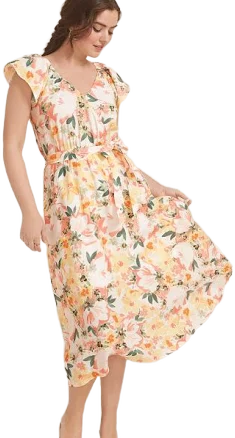 maurices Women's Cool Crepe Floral Flutter Sleeve Wrap Midi Dress