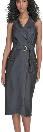 Calvin Klein Women's Belted Faux-Wrap Denim Dress