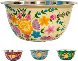 Large Hand Painted Stainless Steel Fruit Bowl - Decorative Floral for Salad Mixing and Serving - Traditional Kashmiri Art for Home Decor (Cream)