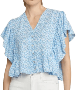 Floral Print Butterfly Sleeve Ruffle Top
