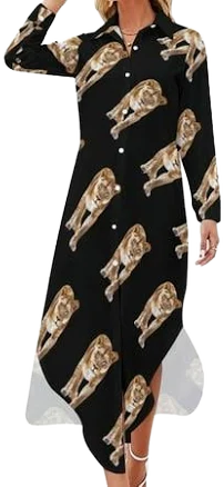 Lioness Animal Lion Long Sleeve Button Down Maxi Dress with Side Slits