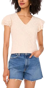 Vince Camuto Women's Ruffled-Sleeve V-Neck Lace Top
