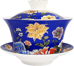 Chinese Tea Cup Gaiwan, Porcelain Ceramic Tureen Teacup, Tradition Sancai Cover Bowl Lip Cup Saucer Tea Set (Blue 10oz) blue coral