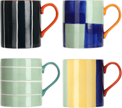 Koja Colorful Hand Painted 16 oz. Porcelain Ceramic Mugs Set. Service for 4. 16OZ COLORS