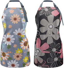 Kakalote 2Pcs Aprons for Women with Pockets,Floral Pattern Aprons for Kitchen,Waterproof Adjustable Long Ties Cooking Apron,Polyester Kitchen Apron for Baking,Grill