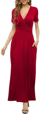 Women's Empire Waist V-Neck Maxi Dress with Pockets