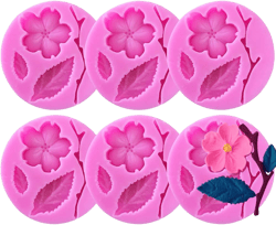 6 PCS Peach Blossom Shape Molds Plant Flowers Leaf Fondant Silicone molds Cake Decorating Tools Chocolate Candy Molds Sugar craft Polymer Clay Molds Biscuit Cupcake Topper Decoration