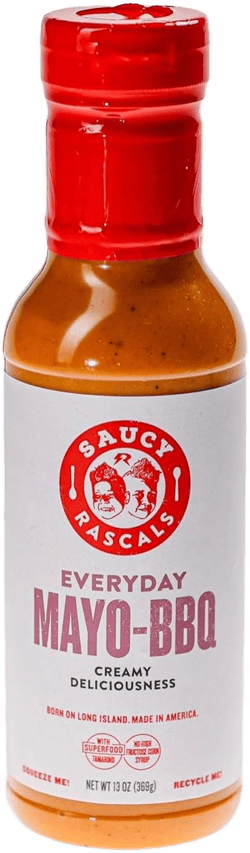 Saucy Rascals Everyday Mayo-BBQ Sauce. Creamy homemade mayonnaise combined with Saucy Rascals Spicy BBQ Sauce. Born on Long Island and Made in America. Makes a delicious condiment for snacks, lunches, and dinners. NO High Fructose Corn Syrup.