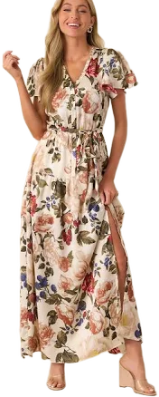 Red Dress Women's Floral Print Satin Maxi Dress