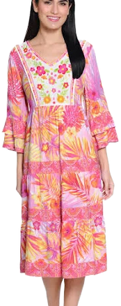 John Mark Pink Tropical Print Embroidered Neck Line Ruffle Sleeve Dress