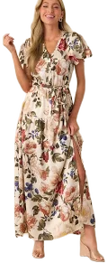 Red Dress Women's Floral Print Satin Maxi Dress