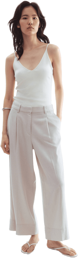 H&M Ladies Wide-Leg Linen-Blend Pants