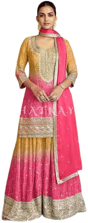 Hatkay Pink Yellow Ombré Designer Kurti and Palazzo