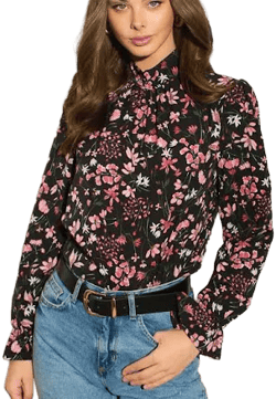 SilkFred High Neck Long Sleeve Floral Print Top
