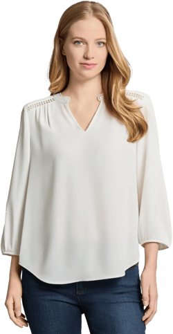 Jones New York Women's Embroidered Lace Trim Popover Top