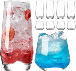 Mfacoy Drinking Glasses Set of 8-4 Tall Glass Cups 18 oz & 4 Short Stemless Wine Glasses 13 oz, Highball Glasses, Glassware Sets for Cocktail, Beer, Wine, Whiskey, Water & Juice Drinkware