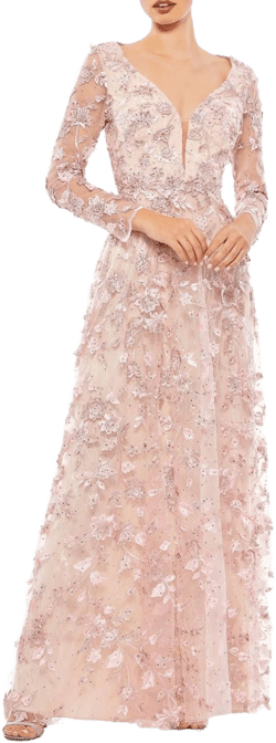 Mac Duggal Women's Floral Applique Long Sleeve Illusion Gown