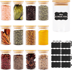 8oz Glass Food Storage Jars, Glass Jars with Bamboo Lids, Kitchen Storage Jars, Set of 12, Canisters with Airtight Lids for Spice, Coffee, Cookie, Pantry Organizers Round-8oz12pc