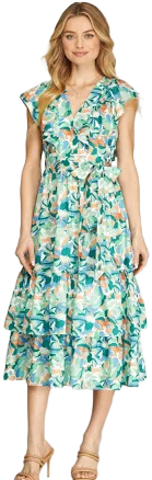 Ruffle Sleeve Floral Print Midi Dress with Ruffle Hem