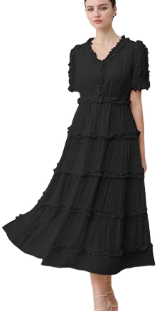 V-Neck Ruffle Embellished Tiered Dress