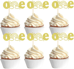 Ercadio 24 Pack Boho Rainbow One Cupcake Toppers Gold Boho Rainbow 1st Cupcake Picks Boho Rainbow One Cake Toppers for Boho Rainbow Theme Birthday Baby Shower Party Decor Supplies B-one Gold