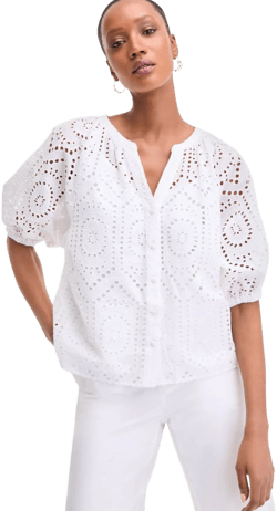 INC International Concepts Women's Cotton Eyelet Puff-Sleeve Blouse
