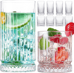 Crystal Drinking Glasses, Set of 8 Durable Glass Cups-4 Highball Glasses 15oz & 4 Rocks Glasses 12oz, Mojito Cups, Cocktail Glass, Bar Glassware Set for Cocktail, Beer, Whiskey
