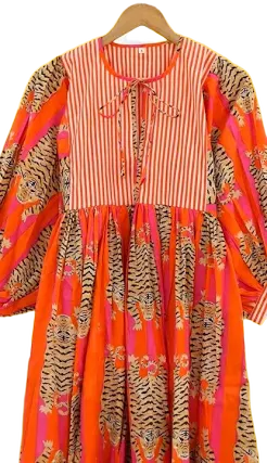 Cotton Tiger Print Mid Dress with String Closer