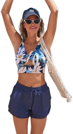 Adjustable Strap Blue Floral Bikini Top with Boy Shorts and Romantic